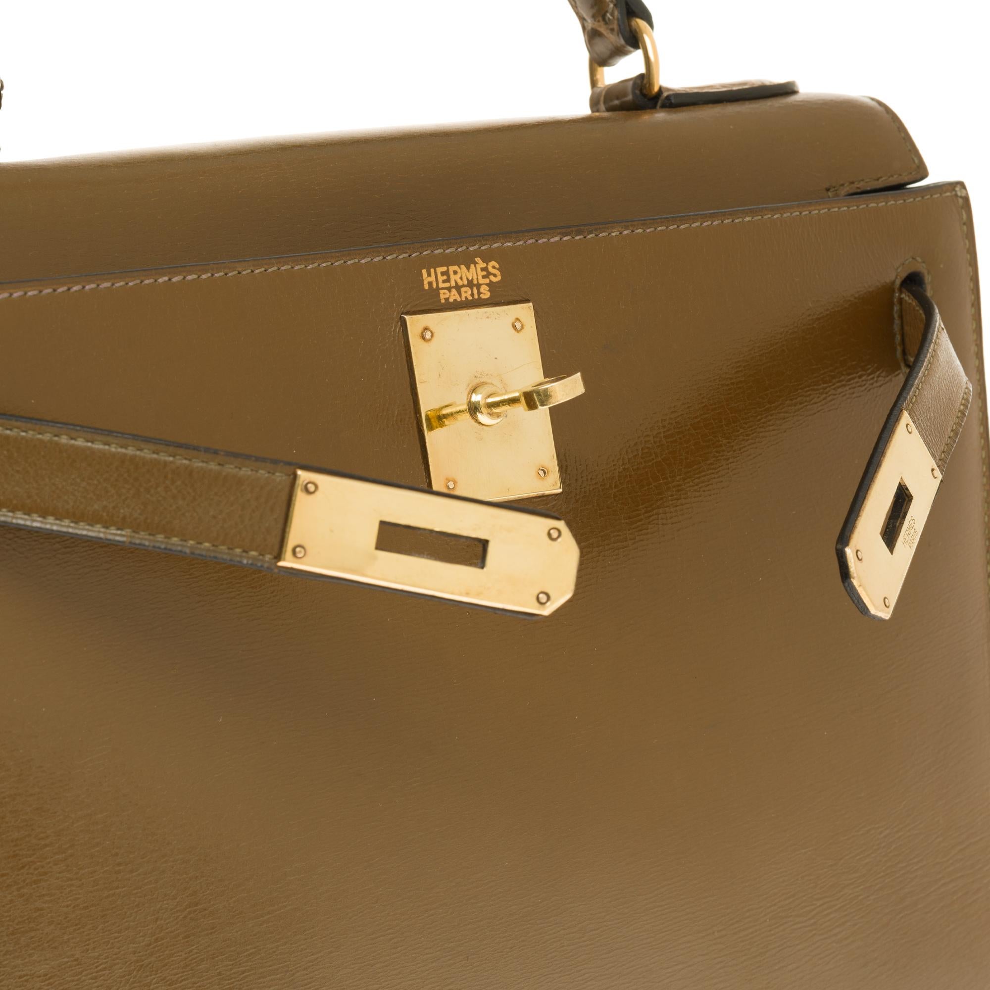 Customized Hermès Kelly 28 in green calfskin strap with green Crocodile, GHW In Good Condition In Paris, IDF