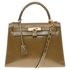 Customized Hermès Kelly 28 in green calfskin strap with green Crocodile, GHW