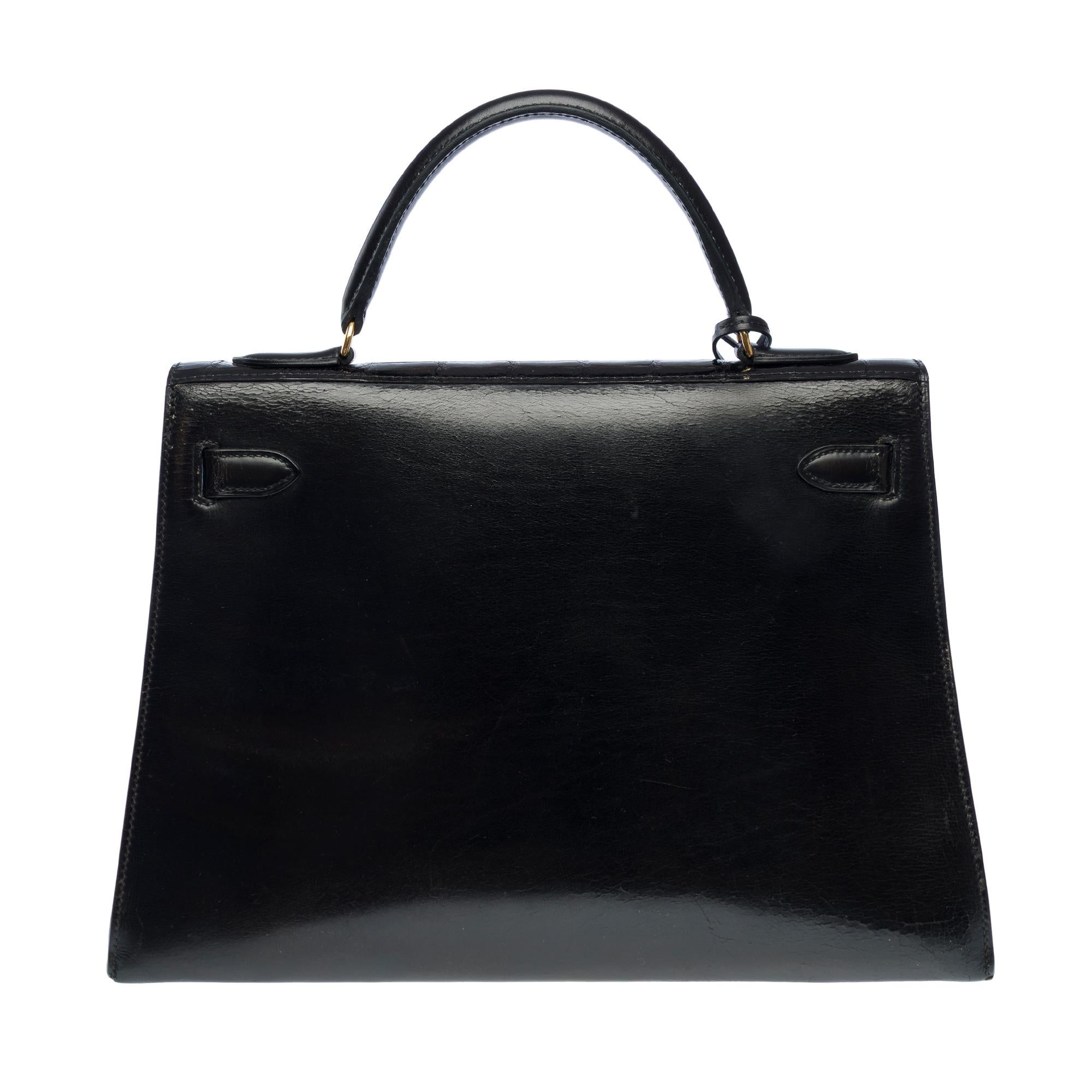 Black Customized Hermès Kelly 32 handbag strap in black Box calf with black Croc, GHW For Sale