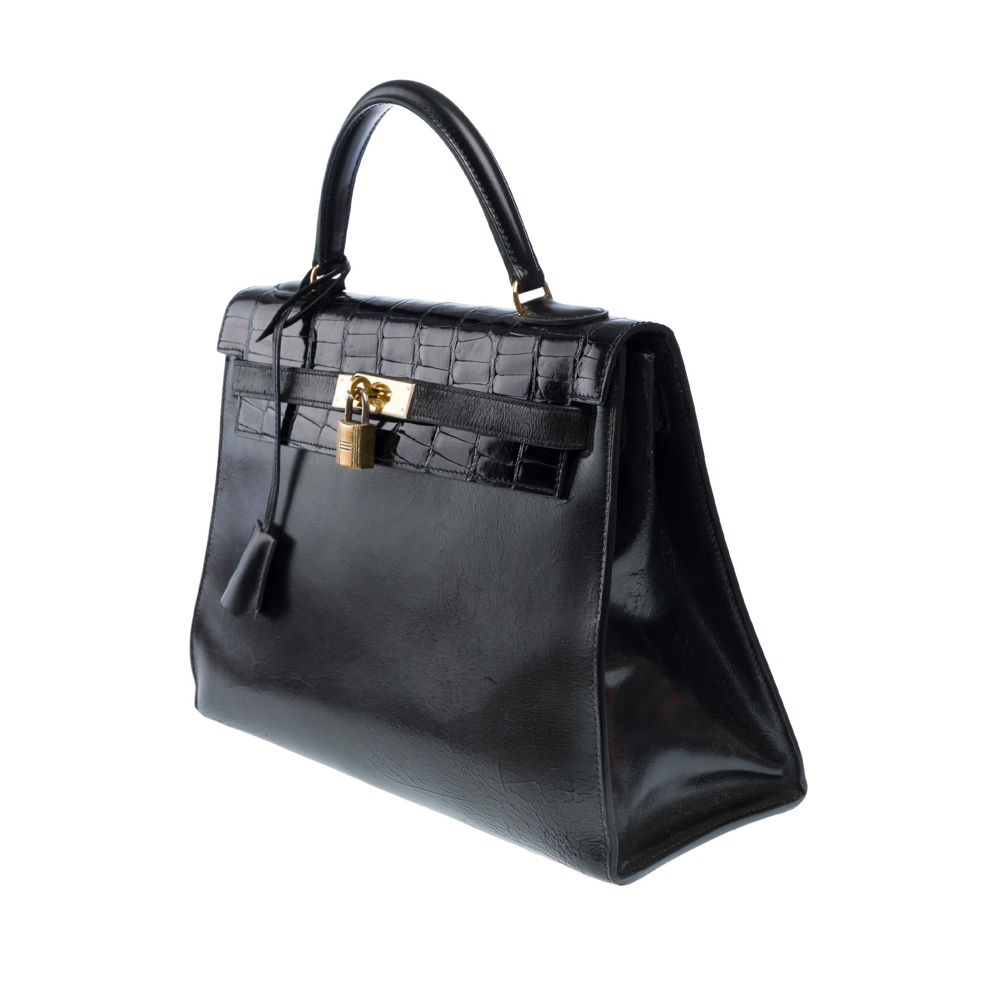 Customized Hermès Kelly 32 handbag strap in black Box calf with black Croc, GHW In Good Condition For Sale In Paris, IDF