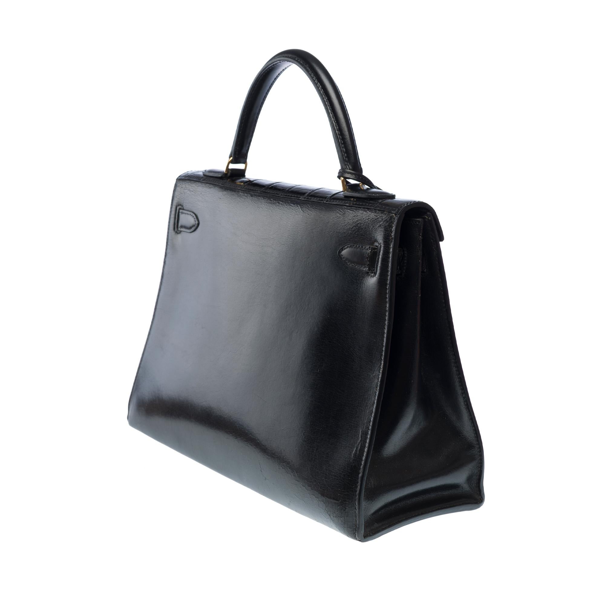 Women's Customized Hermès Kelly 32 handbag strap in black Box calf with black Croc, GHW For Sale