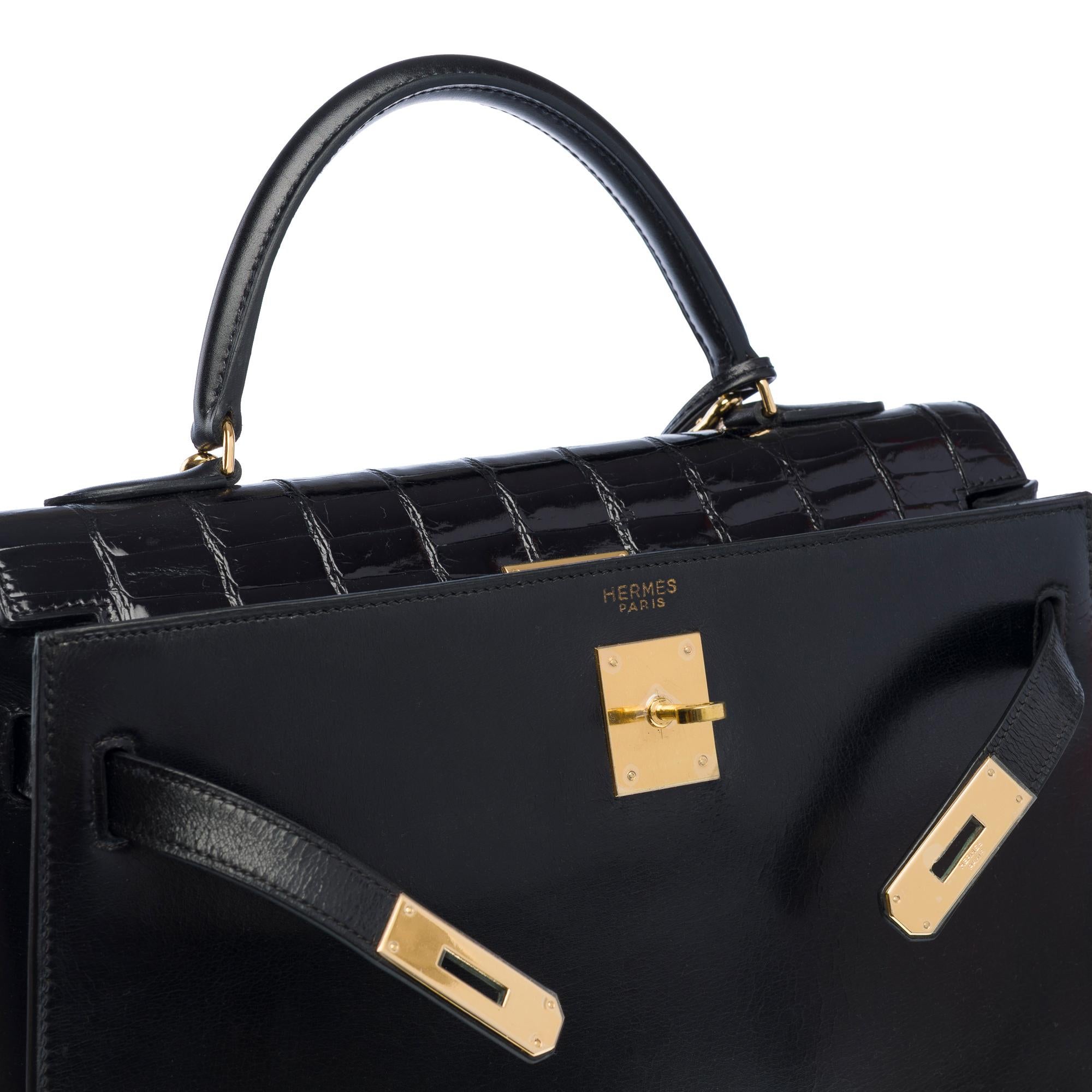 Customized Hermès Kelly 32 handbag strap in black Box calf with black Croc, GHW For Sale 1