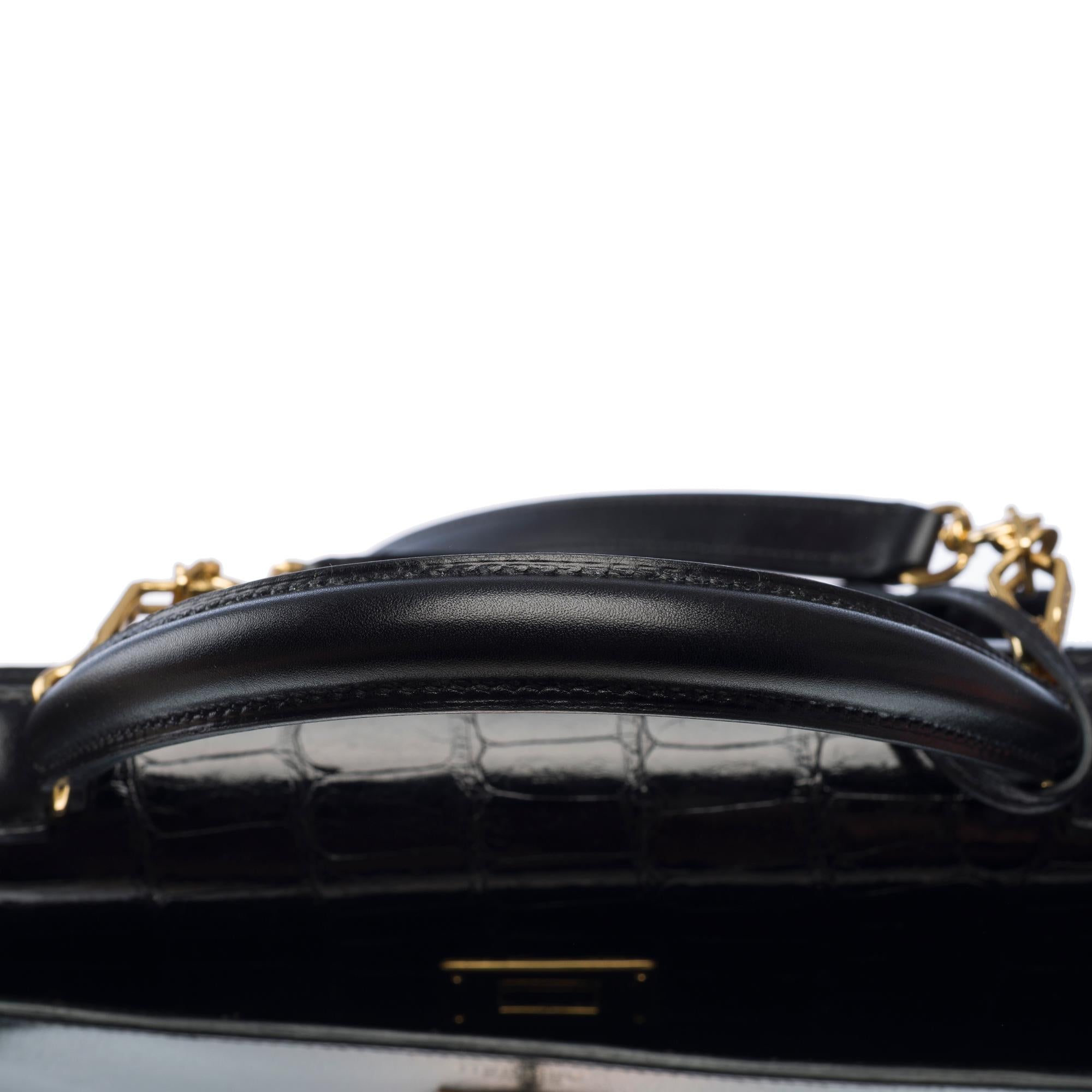 Customized Hermès Kelly 32 handbag strap in black Box calf with black Croc, GHW For Sale 4