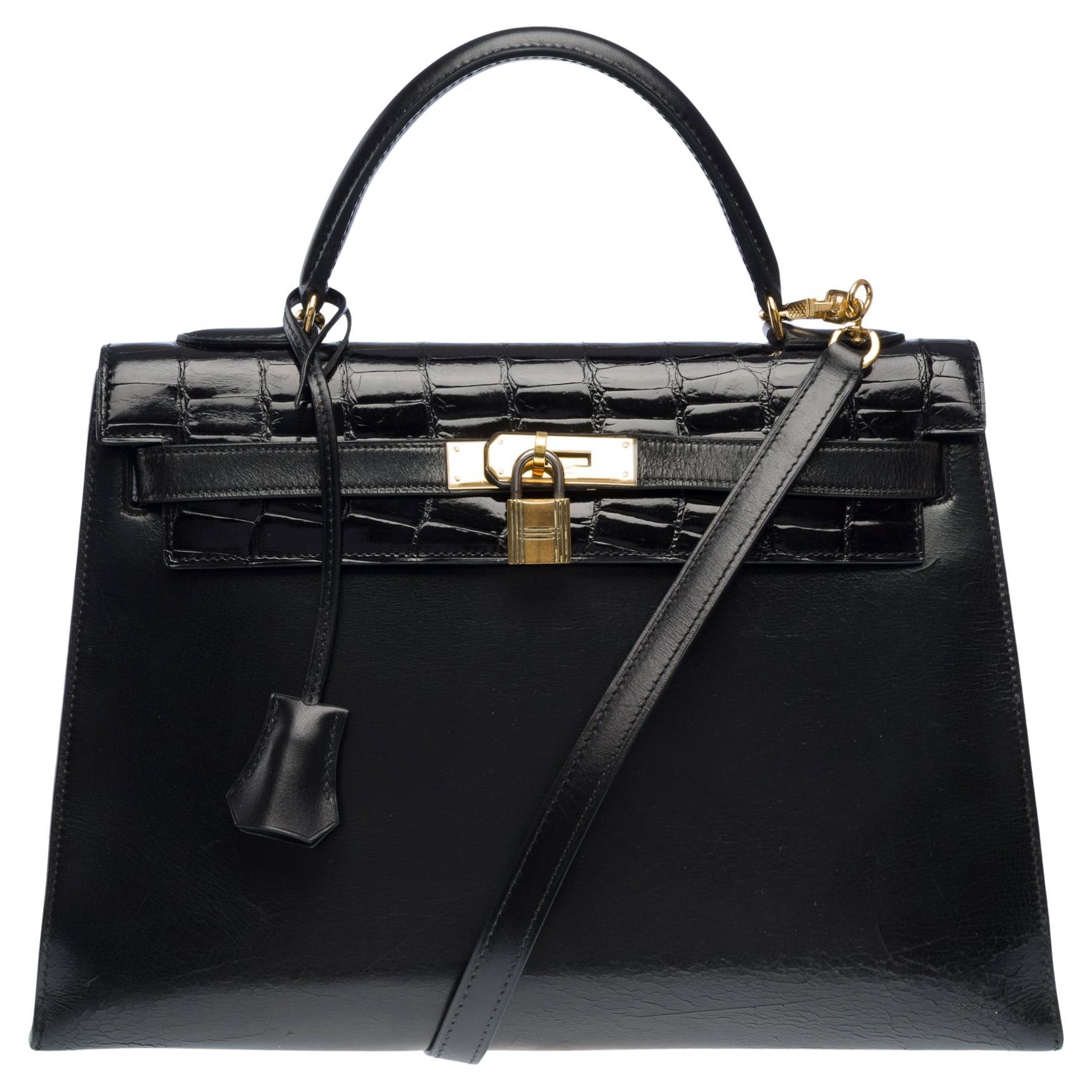 Customized Hermès Kelly 32 handbag strap in black Box calf with black Croc, GHW For Sale