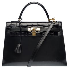 Customized Hermès Kelly 32 handbag strap in black Box calf with black Croc, GHW