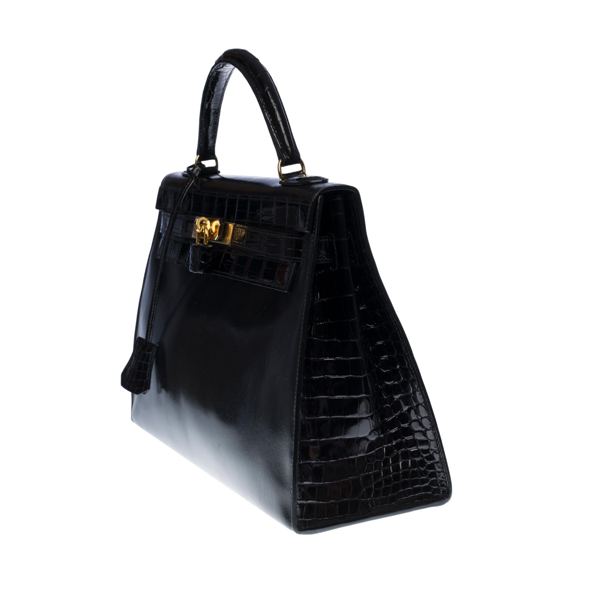 Black Customized Hermès Kelly 32 in black calfskin strap with black Alligator, GHW 