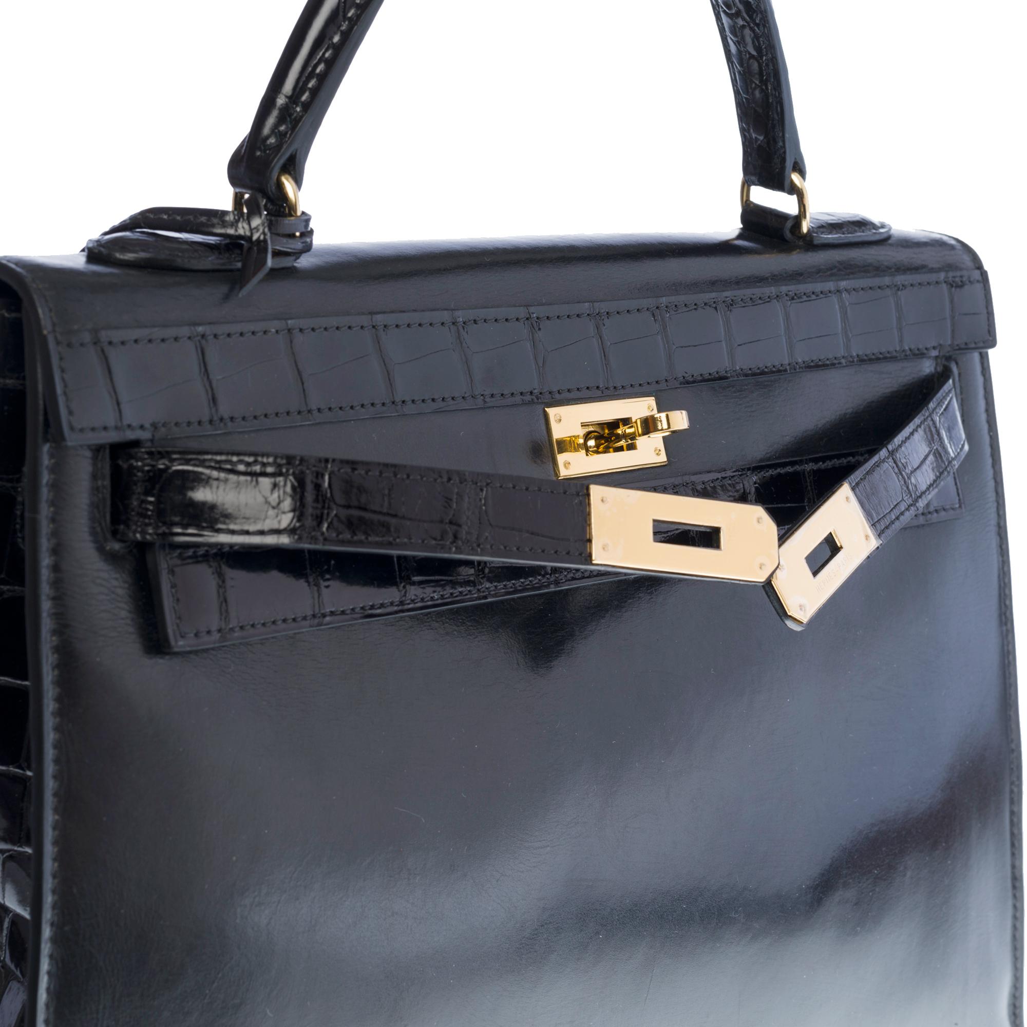 Customized Hermès Kelly 32 in black calfskin strap with black Alligator, GHW  1