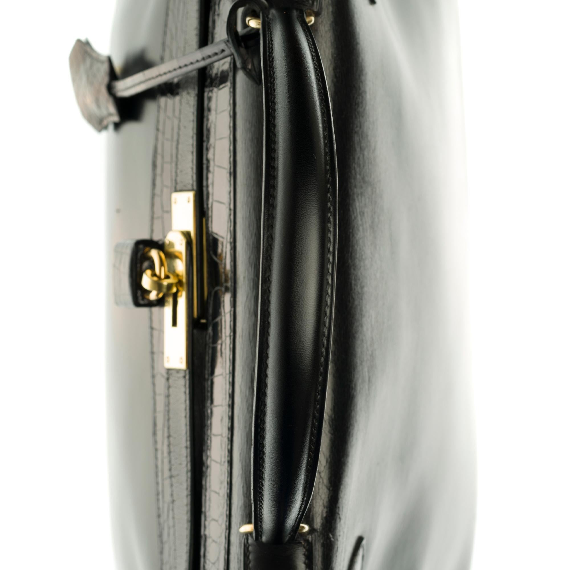 Customized Hermès Kelly 32 in black calfskin strap with black Crocodile, GHW 3