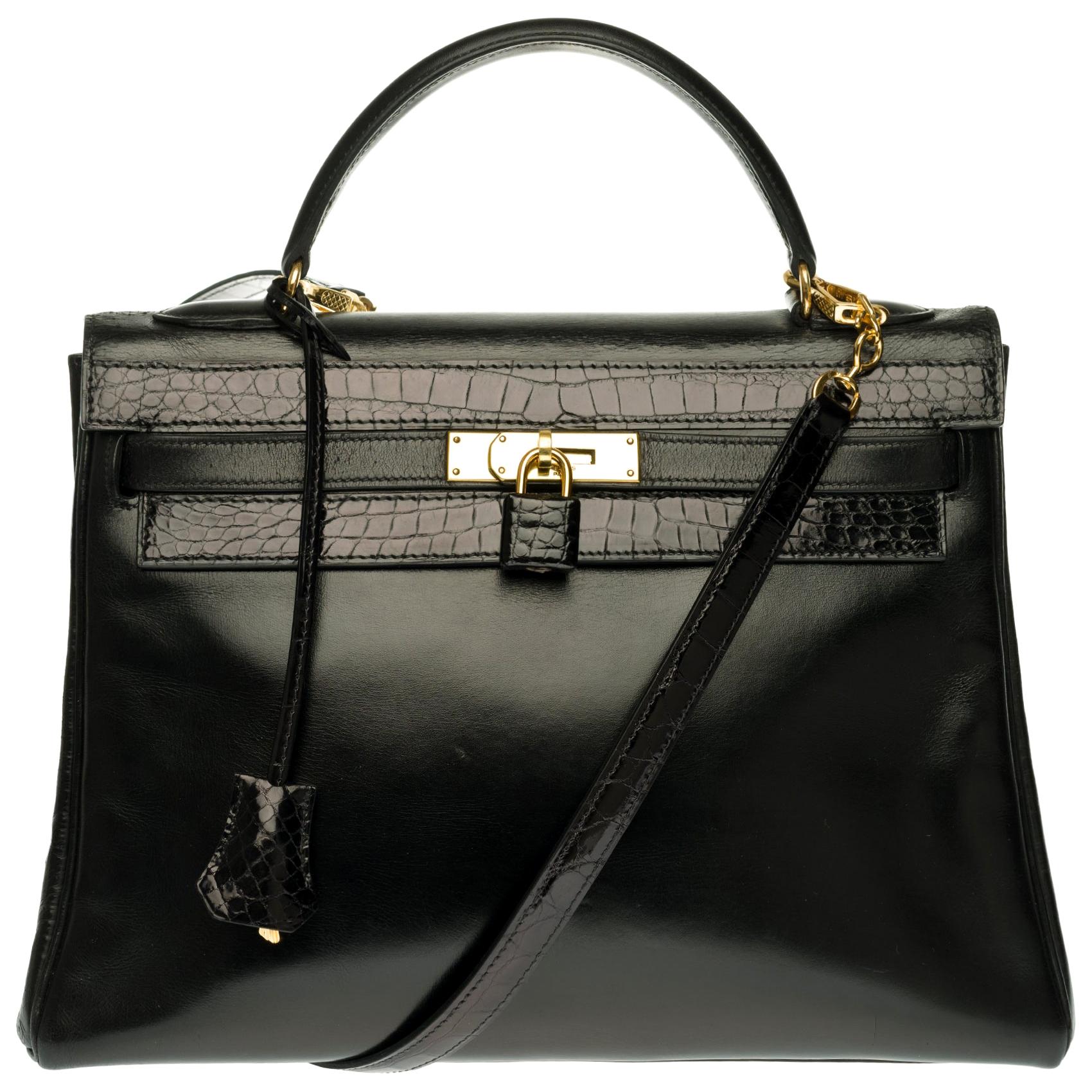 Customized Hermès Kelly 32 in black calfskin strap with black Crocodile, GHW 