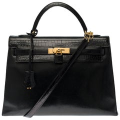 Customized Hermès Kelly 32 in black calfskin strap with black Crocodile, GHW 