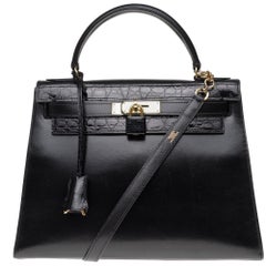 Customized Hermès Kelly 32 in black calfskin strap with black Crocodile, GHW