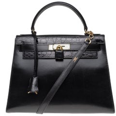 Customized Hermès Kelly 32 in black calfskin strap with black Crocodile, GHW 