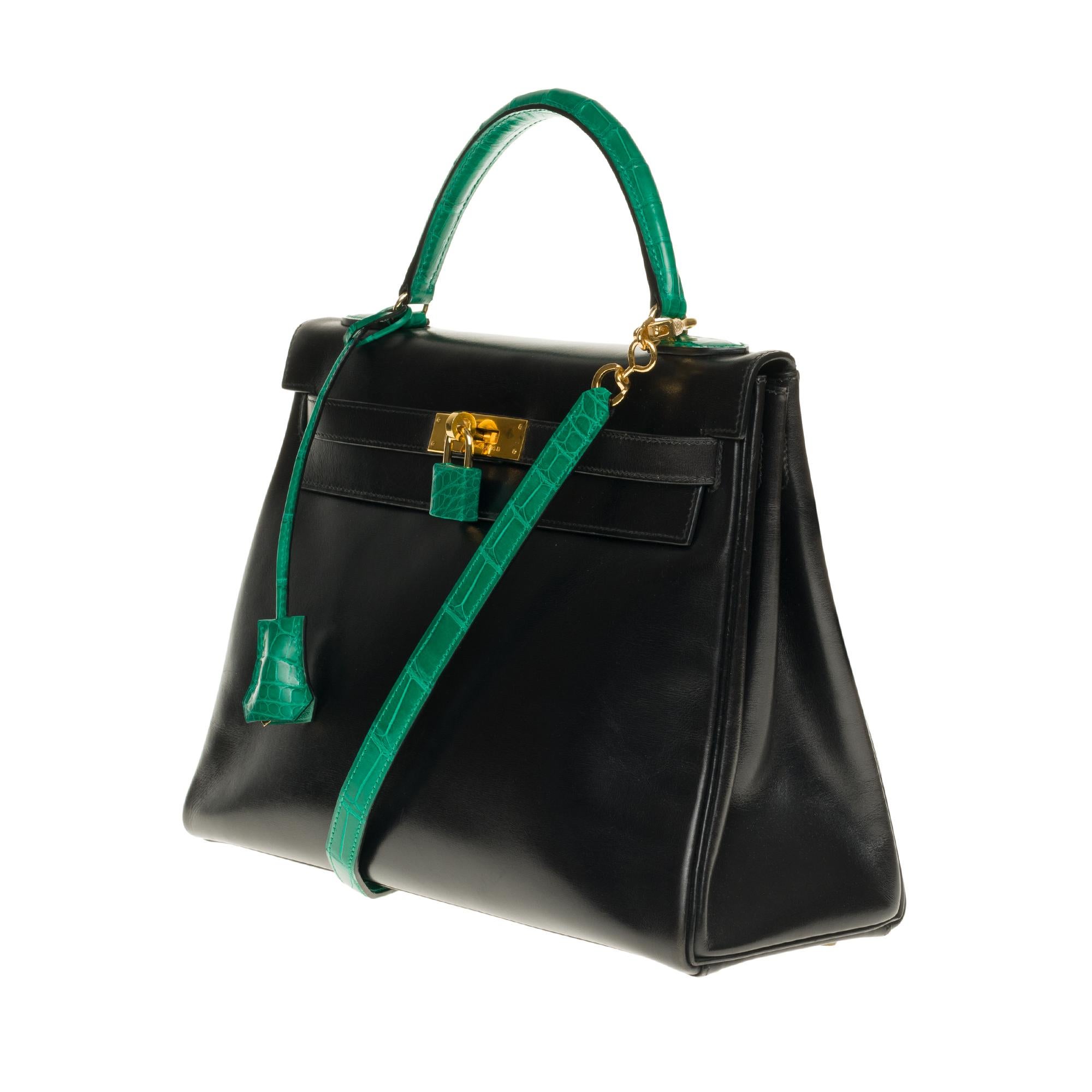 Black Customized Hermès Kelly 32 in black calfskin strap with green Crocodile, GHW