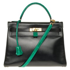 Customized Hermès Kelly 32 in black calfskin strap with green Crocodile, GHW 