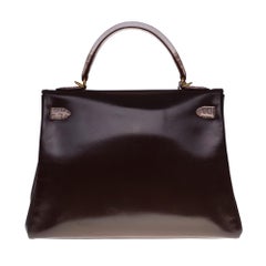 Customized Hermès Kelly 32 in brown calfskin strap with Himalaya Crocodile, GHW