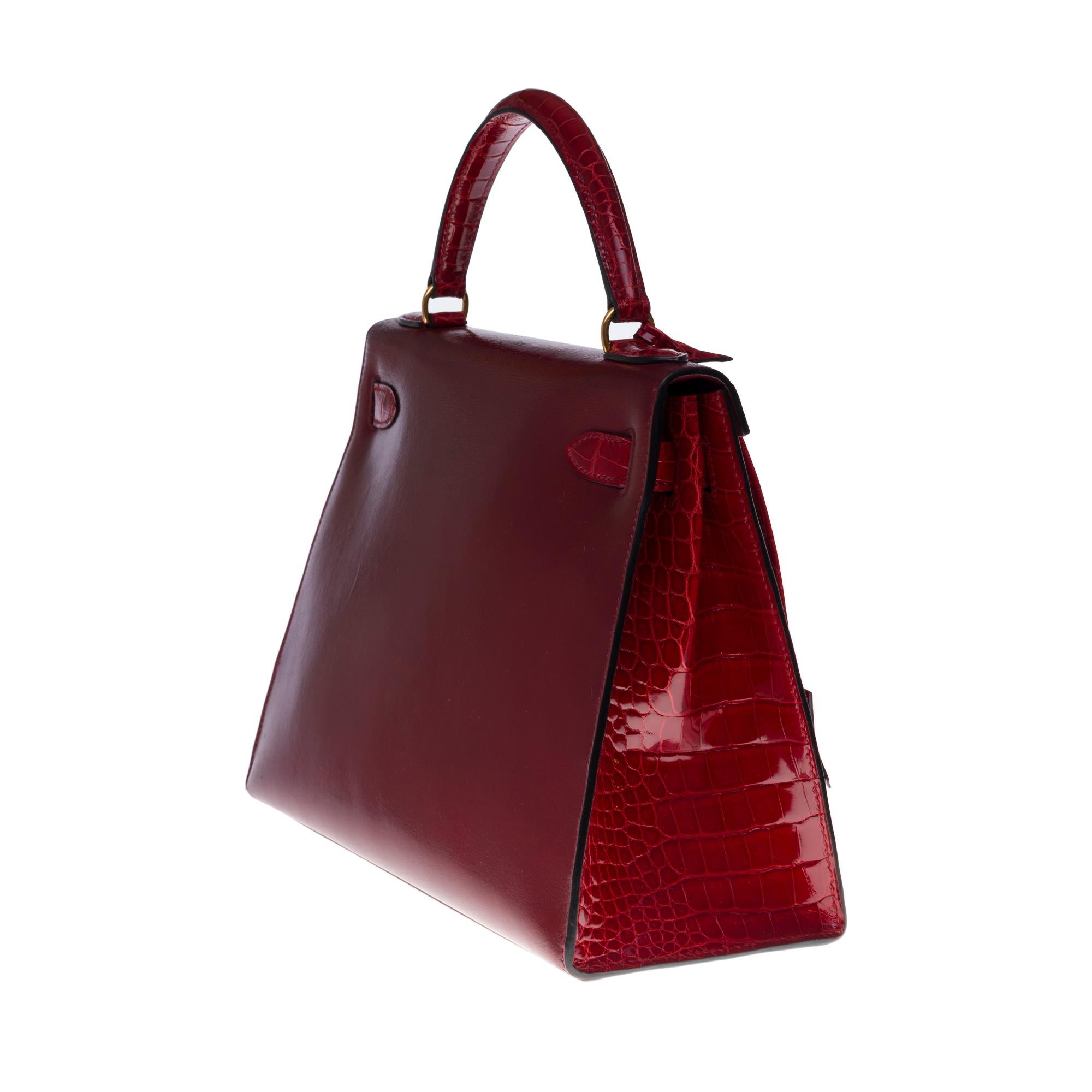 Women's Customized Hermès Kelly 32 in Rouge H calfskin strap with Red Crocodile, GHW 
