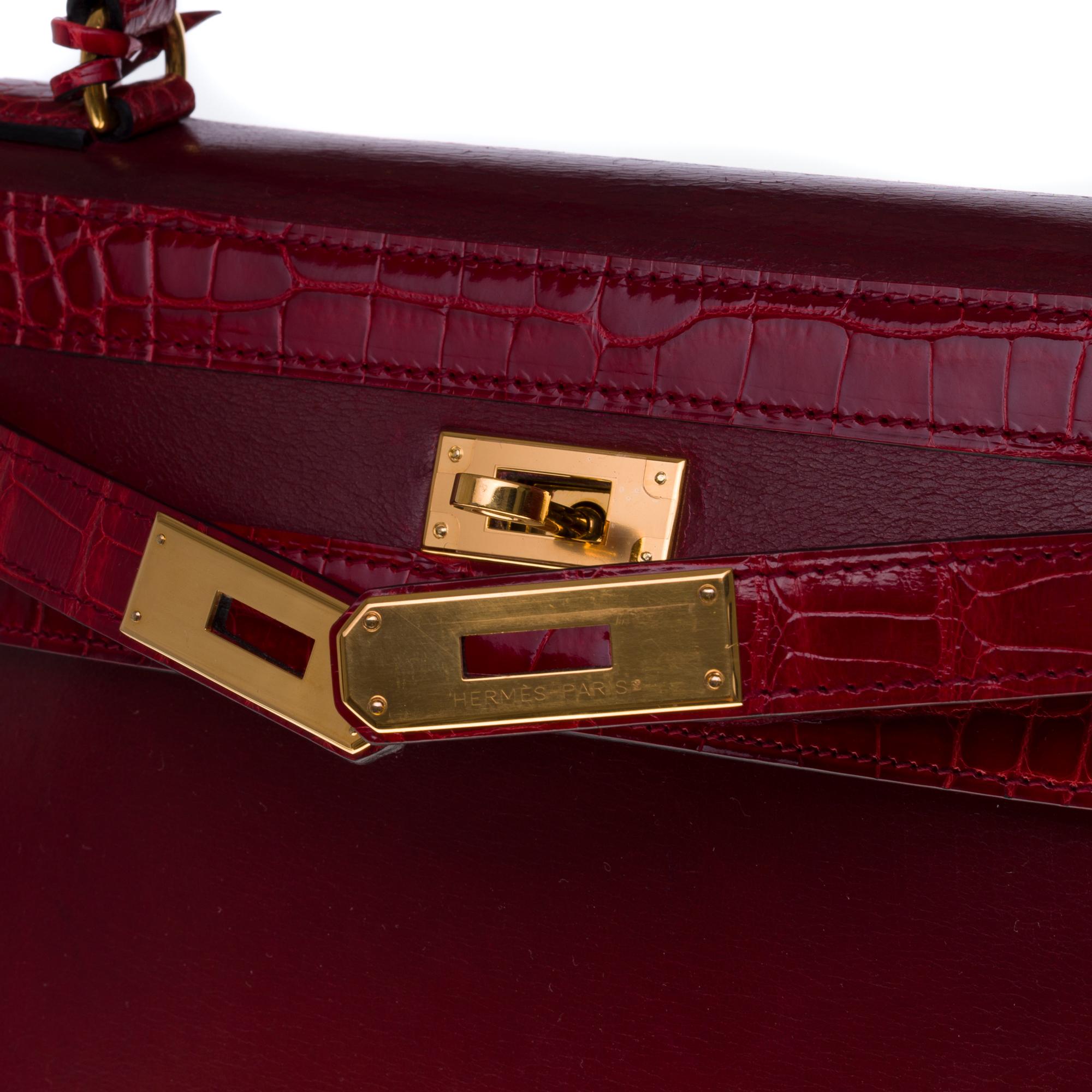 Customized Hermès Kelly 32 in Rouge H calfskin strap with Red Crocodile, GHW  1