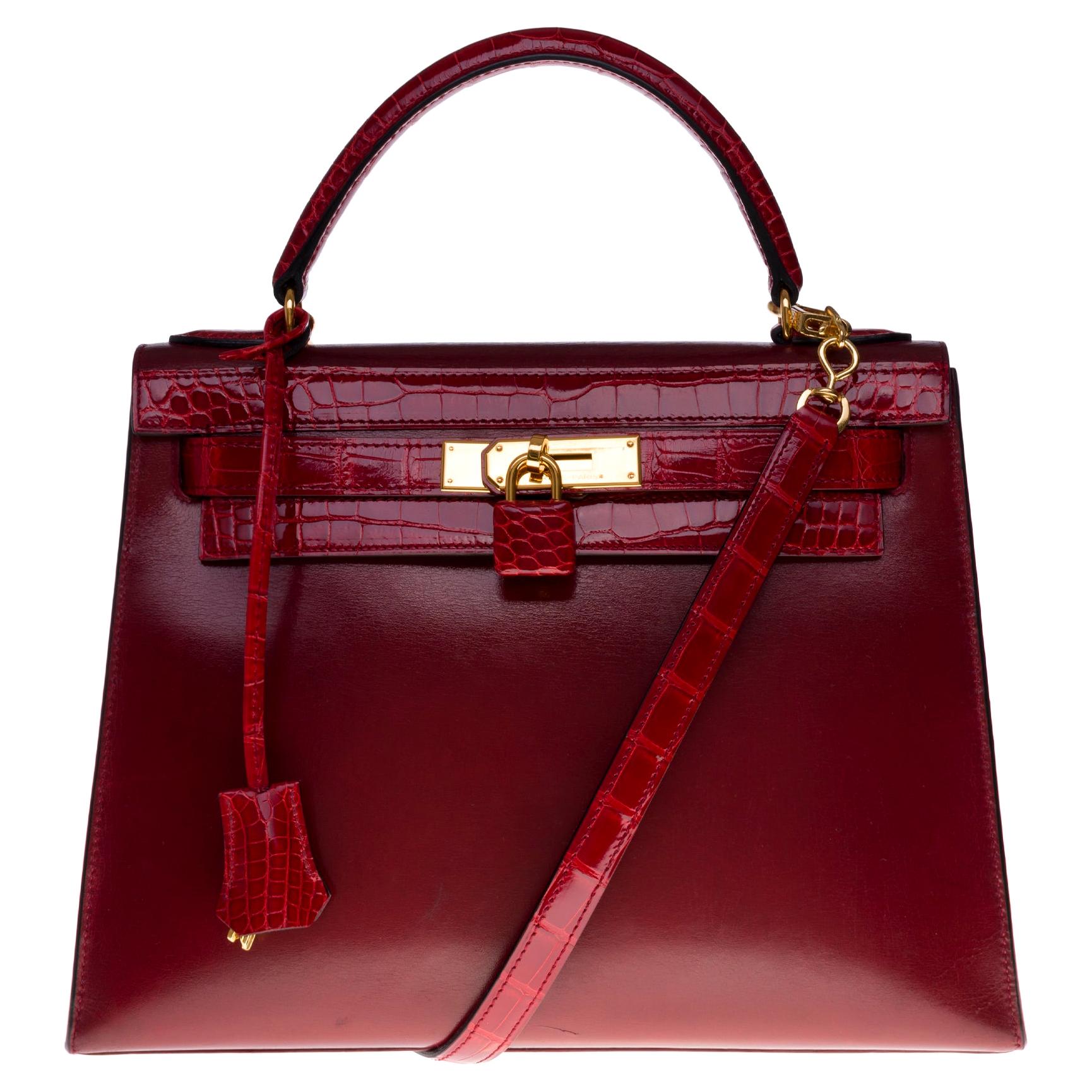 Customized Hermès Kelly 32 in Rouge H calfskin strap with Red Crocodile, GHW 
