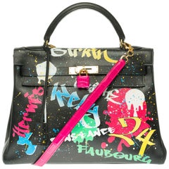 Maßgeschneiderte Hermès Kelly 32cm Handtasche mit Riemen aus schwarzem Epsom-Leder:: GHW
