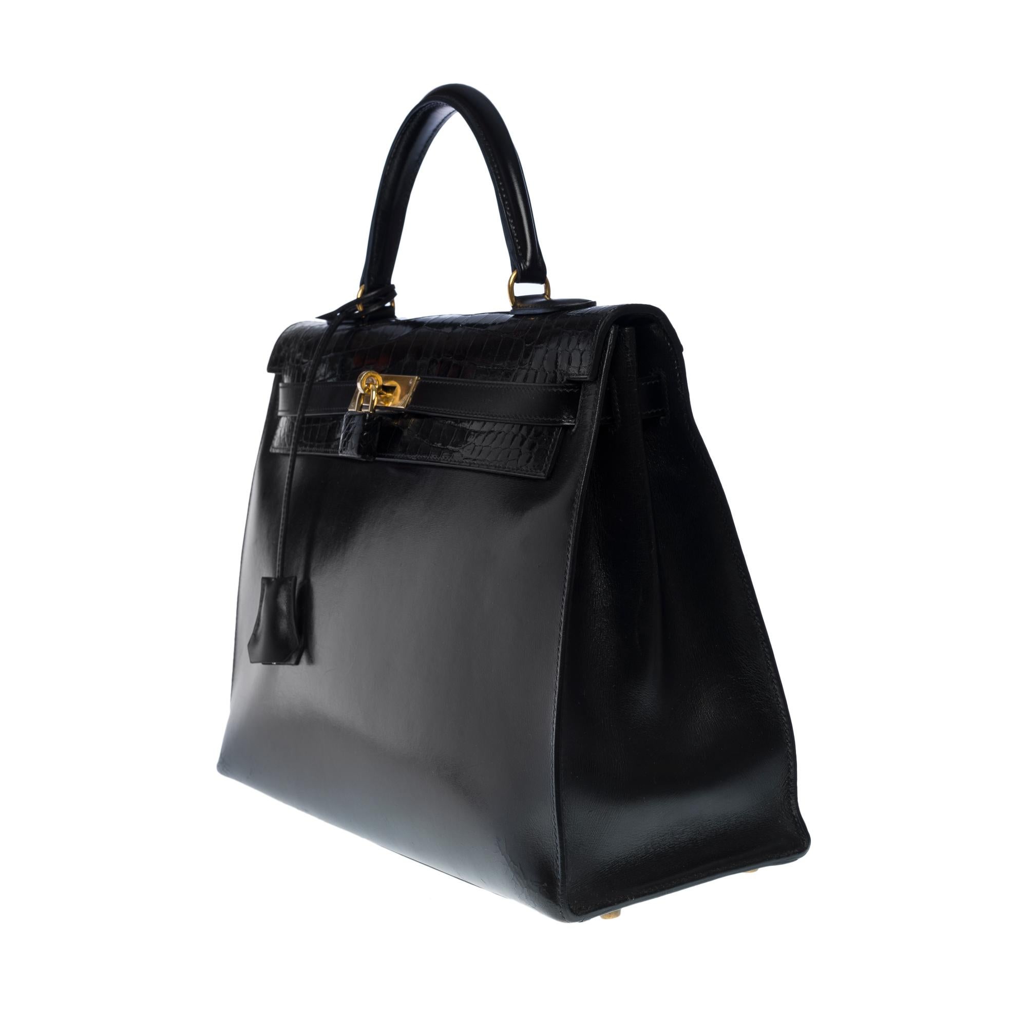 Customized Hermès Kelly 35 handbag strap in black calfskin & Crocodile, GHW  In Good Condition In Paris, IDF