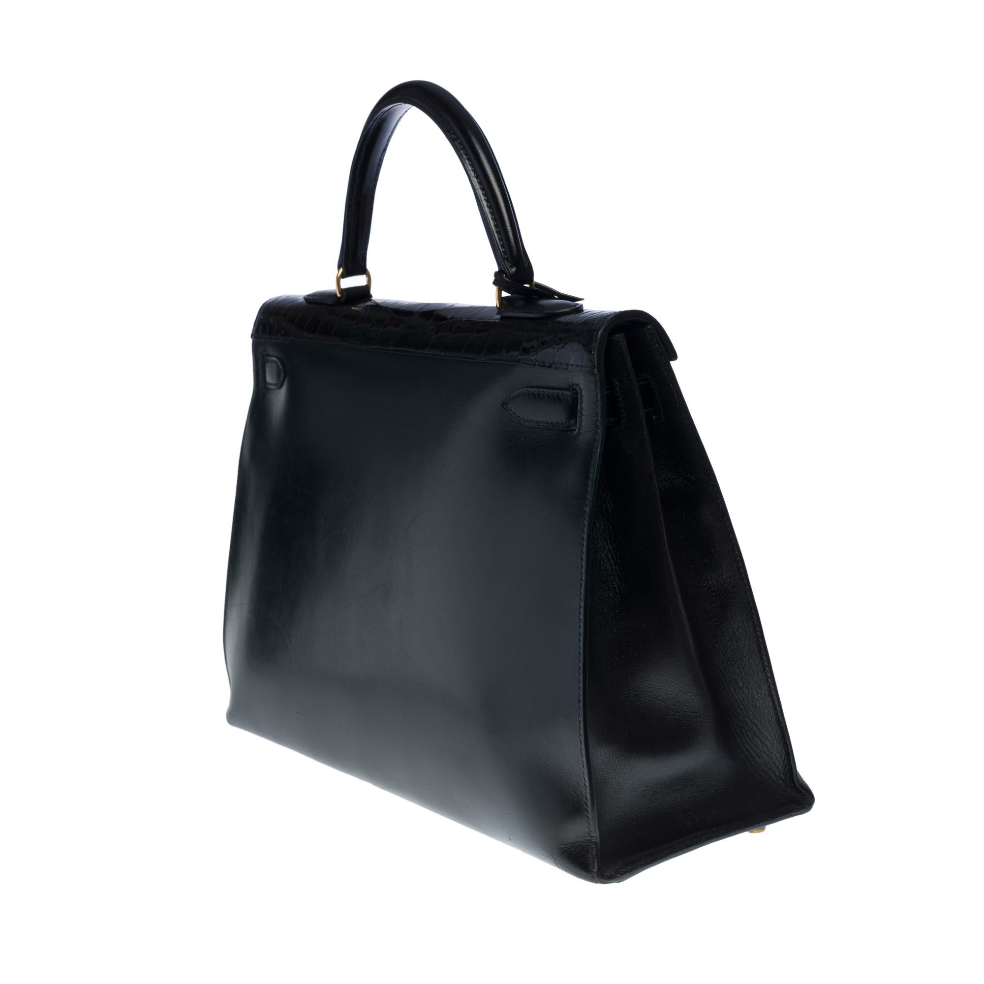 Women's Customized Hermès Kelly 35 handbag strap in black calfskin & Crocodile, GHW 