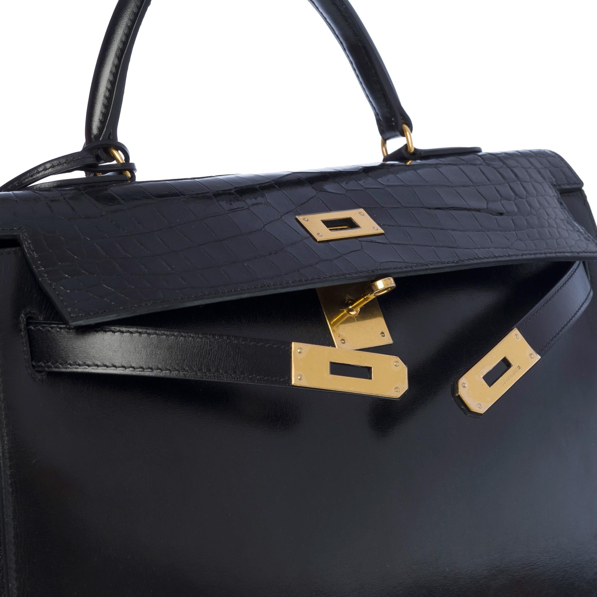 Customized Hermès Kelly 35 handbag strap in black calfskin & Crocodile, GHW  1