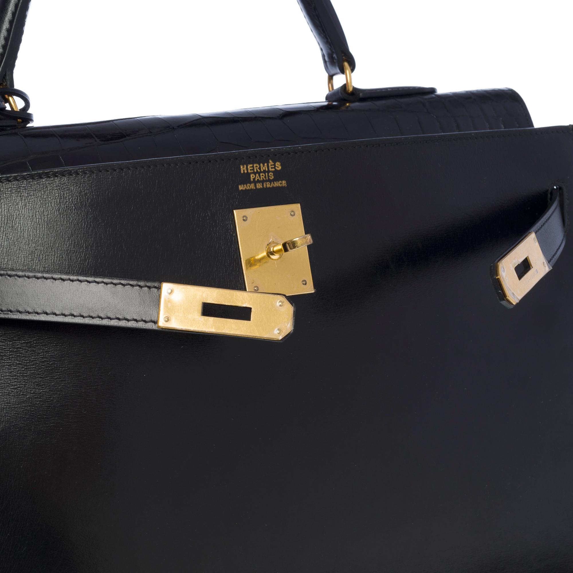 Customized Hermès Kelly 35 handbag strap in black calfskin & Crocodile, GHW  2