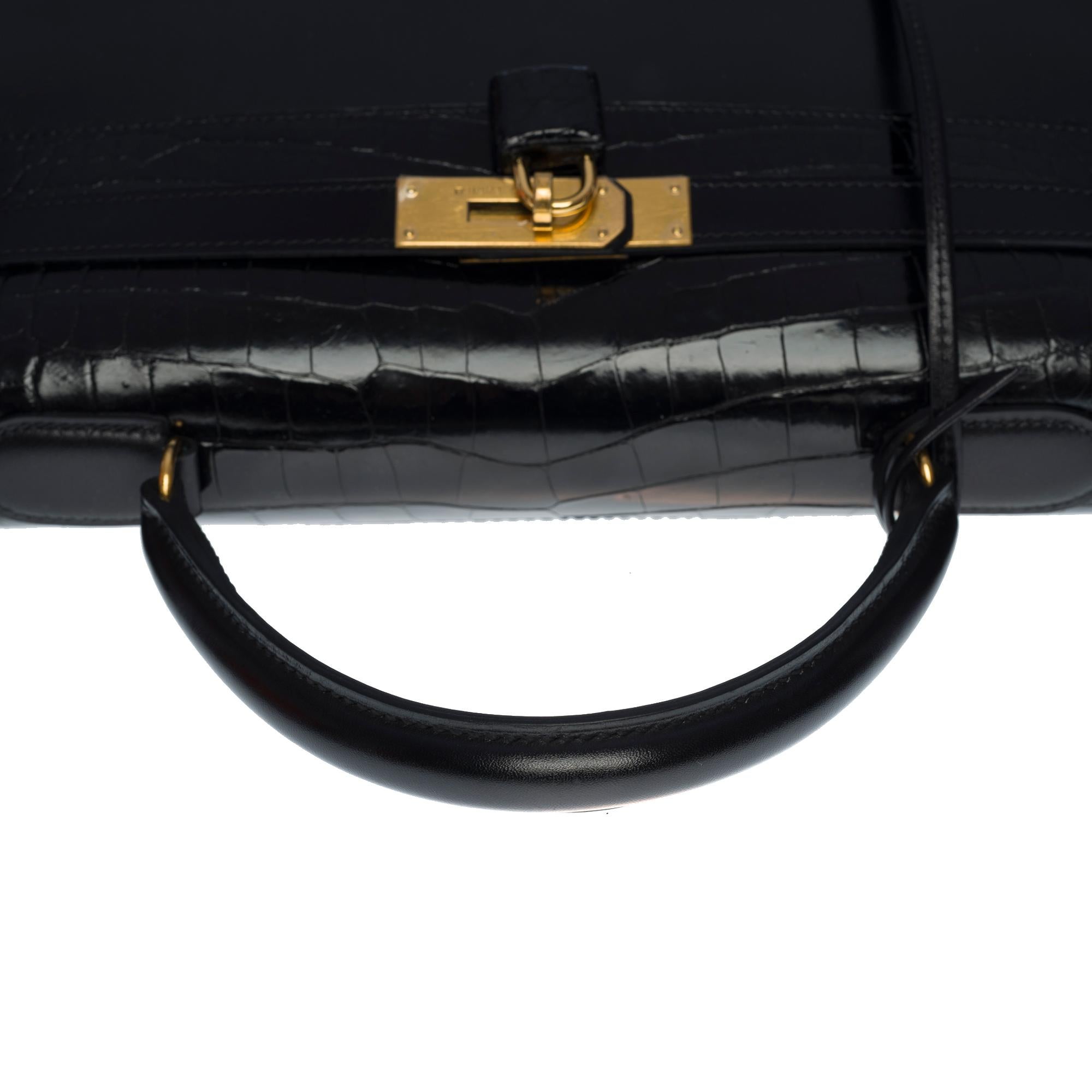 Customized Hermès Kelly 35 handbag strap in black calfskin & Crocodile, GHW  5