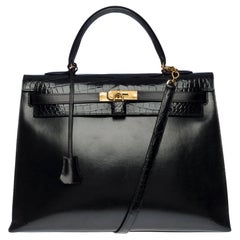 Customized Hermès Kelly 35 handbag strap in black calfskin & Crocodile, GHW 