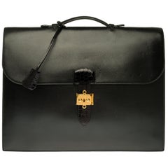 Customized Hermès Sac à dépêches briefcase in black calf and crocodile leather 