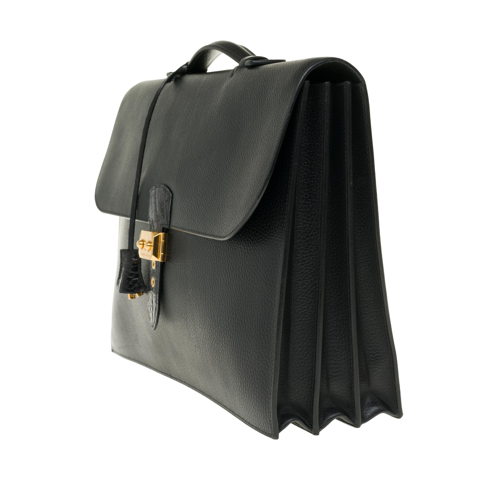 Black Customized Hermès Sac à dépêches briefcase in black togo and crocodile leather 