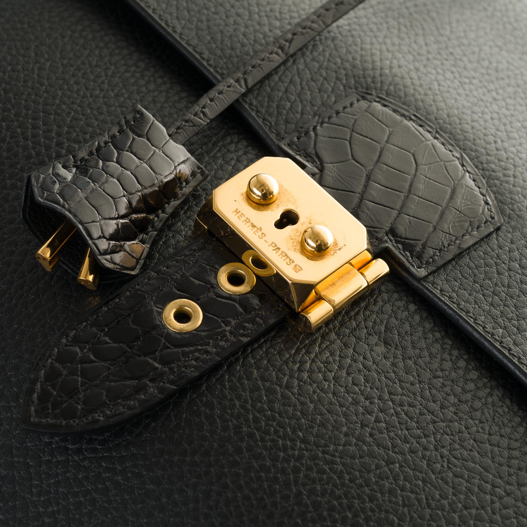 Men's Customized Hermès Sac à dépêches briefcase in black togo and crocodile leather 