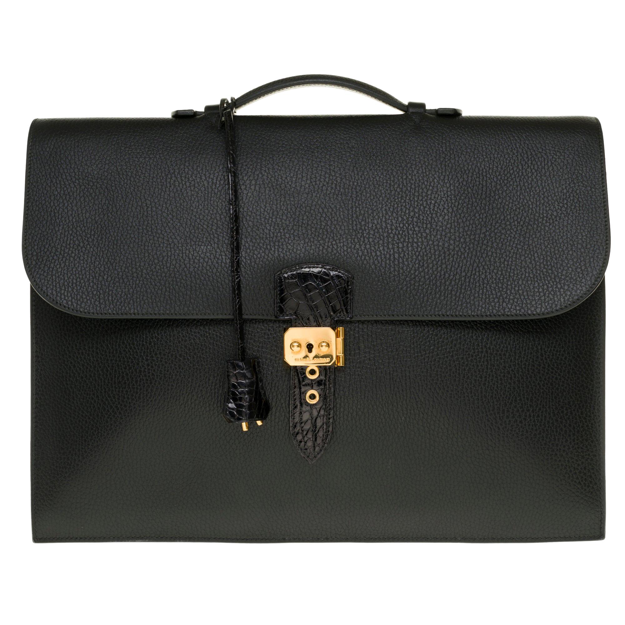 Customized Hermès Sac à dépêches briefcase in black togo and crocodile leather 