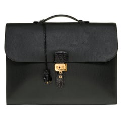 Customized Hermès Sac à dépêches briefcase in black togo and crocodile leather 