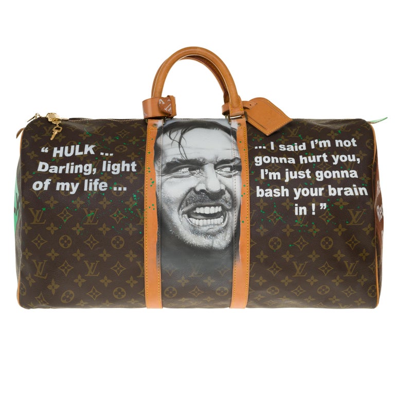 Beautiful travel bag Louis Vuitton Keepall 55 cm in Monogram canvas customized by the popular artist of Street Art PatBo on the theme 