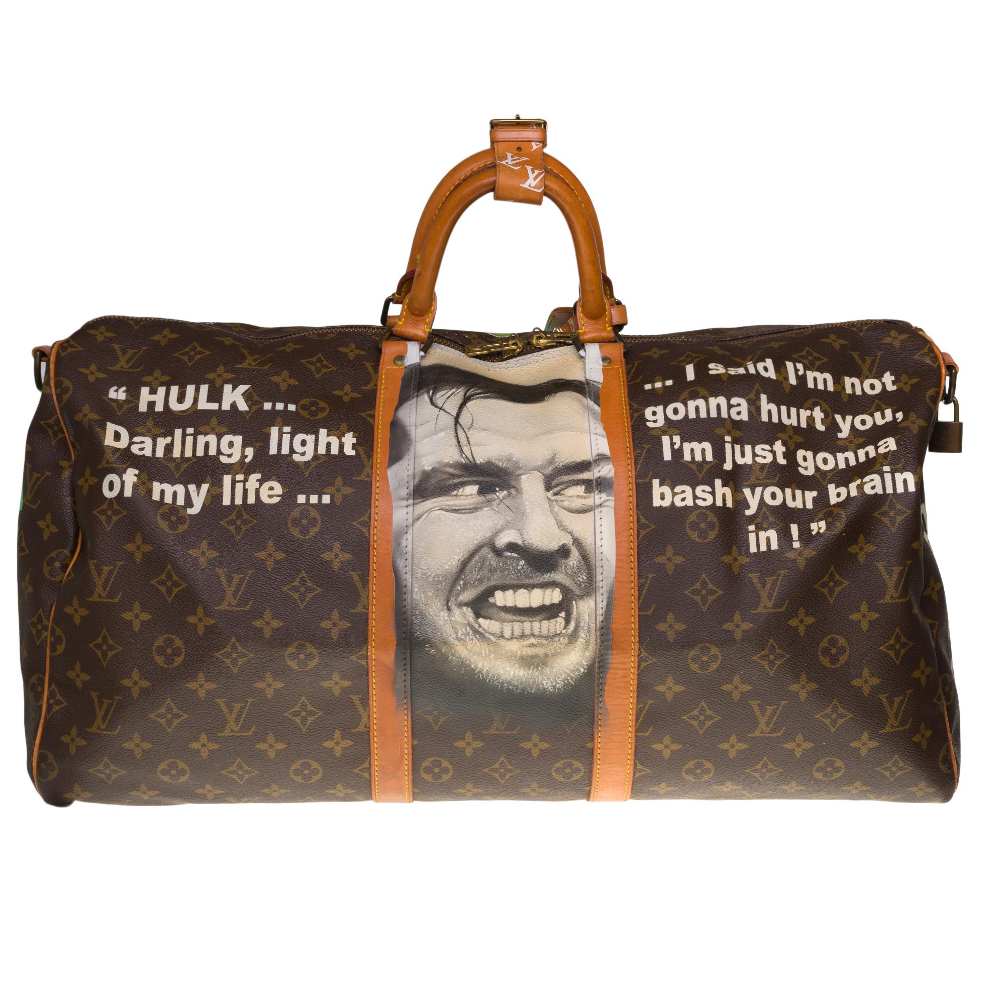 Beautiful travel bag Louis Vuitton Keepall 55 cm strap in Monogram canvas customized by the popular artist of Street Art PatBo on the theme 