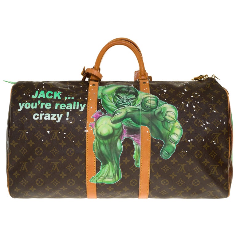 Customized "Hulk Vs Shining" Louis Vuitton Keepall 55 travel bag in brown canvas For Sale