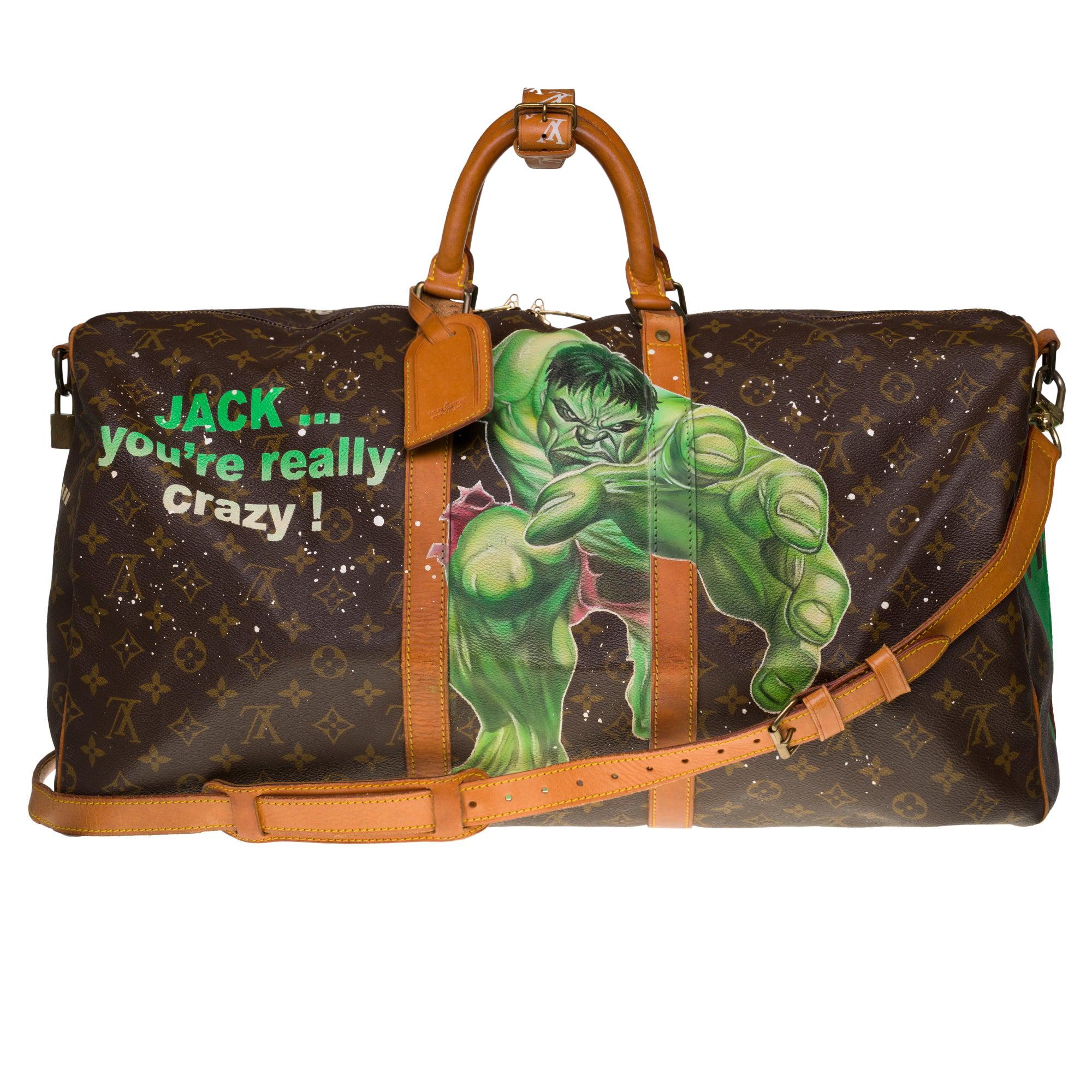 Customized "Hulk Vs Shining" Louis Vuitton Keepall 55 travel bag in brown canvas