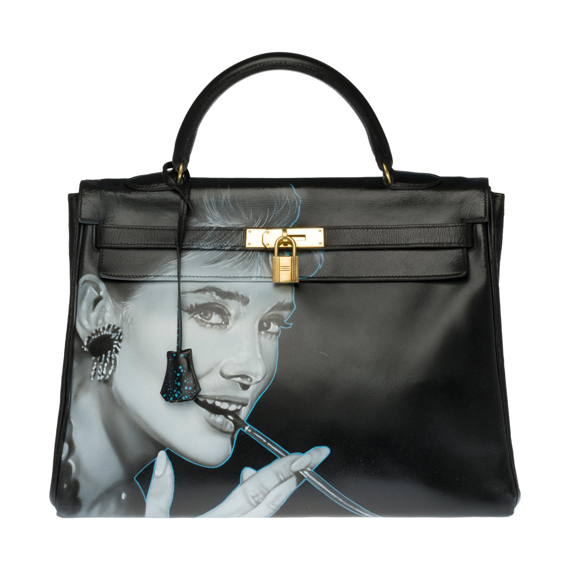 Customized Kelly 35 "Audrey Hepburn" handbag in black calfskin and gold hardware