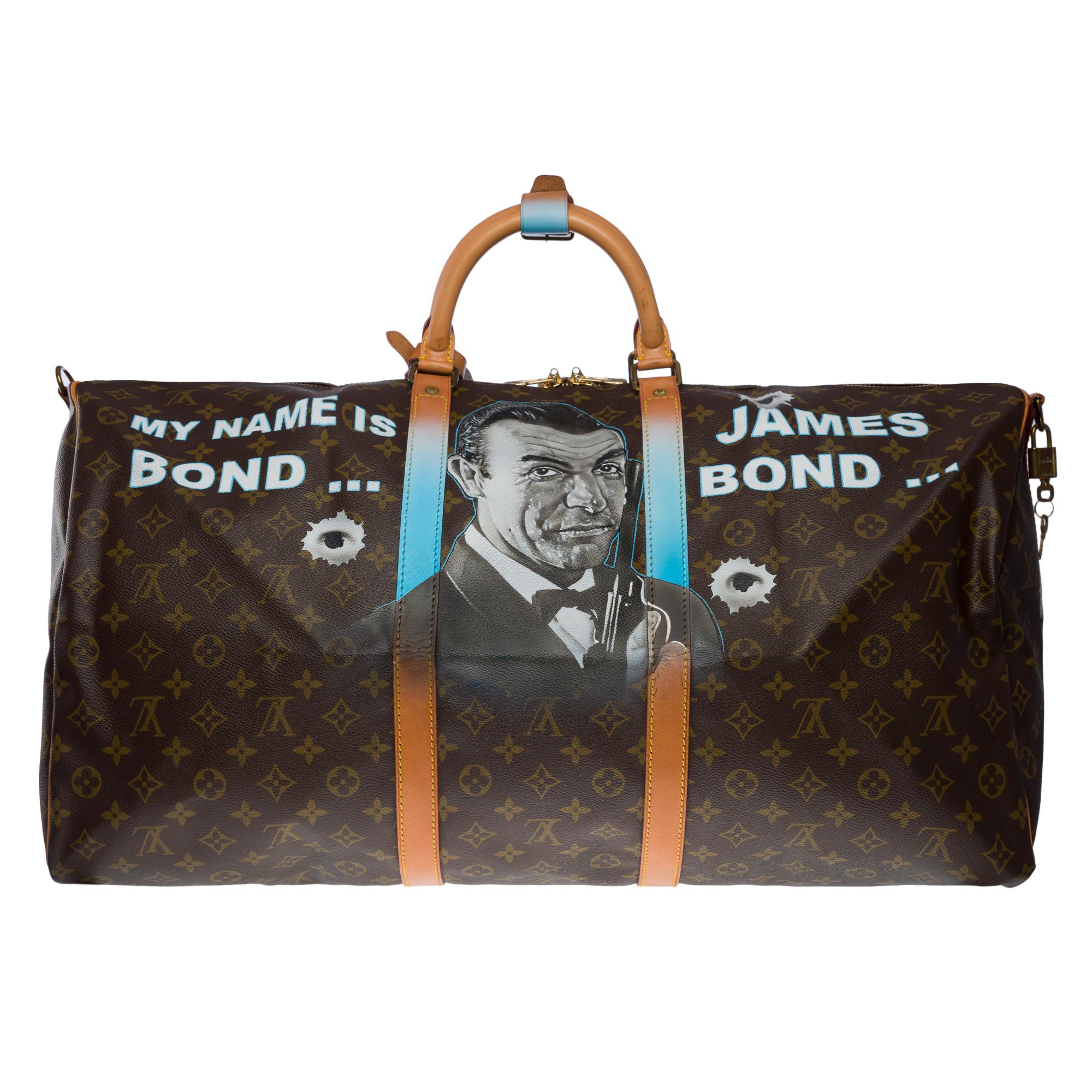 Gorgeous Louis Vuitton Keepall 60 cm shoulder strap Travel bag in brown monogram canvas and customized 