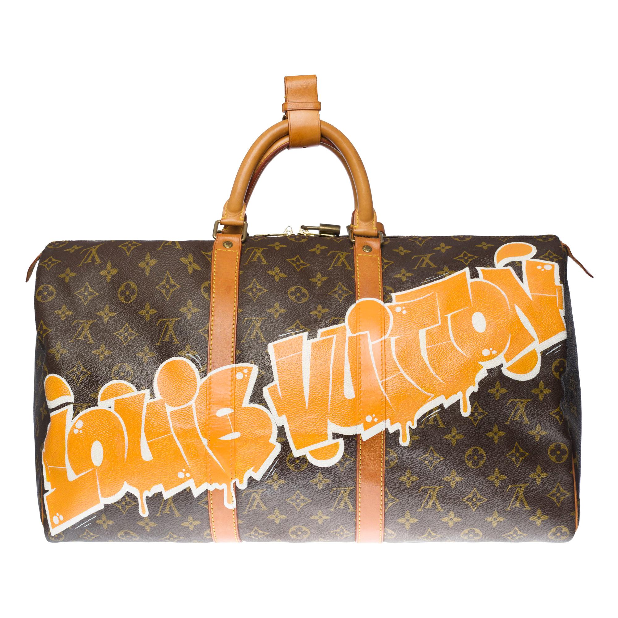 Customized "" Louis Vuitton Good Vibes" Keepall 50 Travel bag in brown canvas