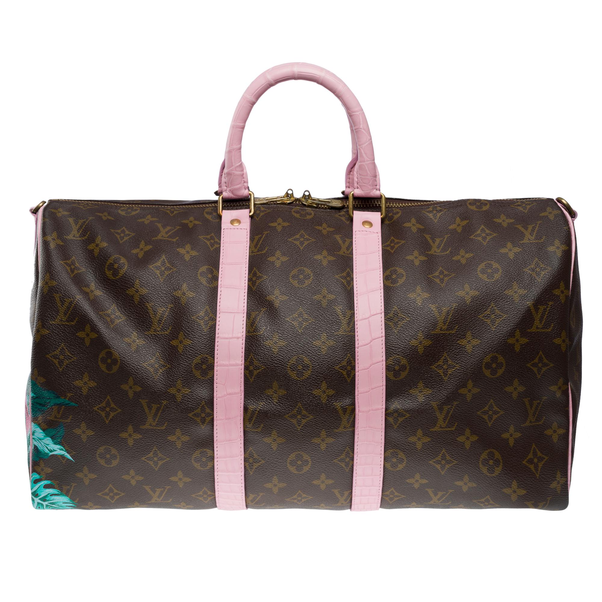 Customized Louis Vuitton Keepall 45 Travel bag with Pink Crocodile leather In Good Condition For Sale In Paris, IDF
