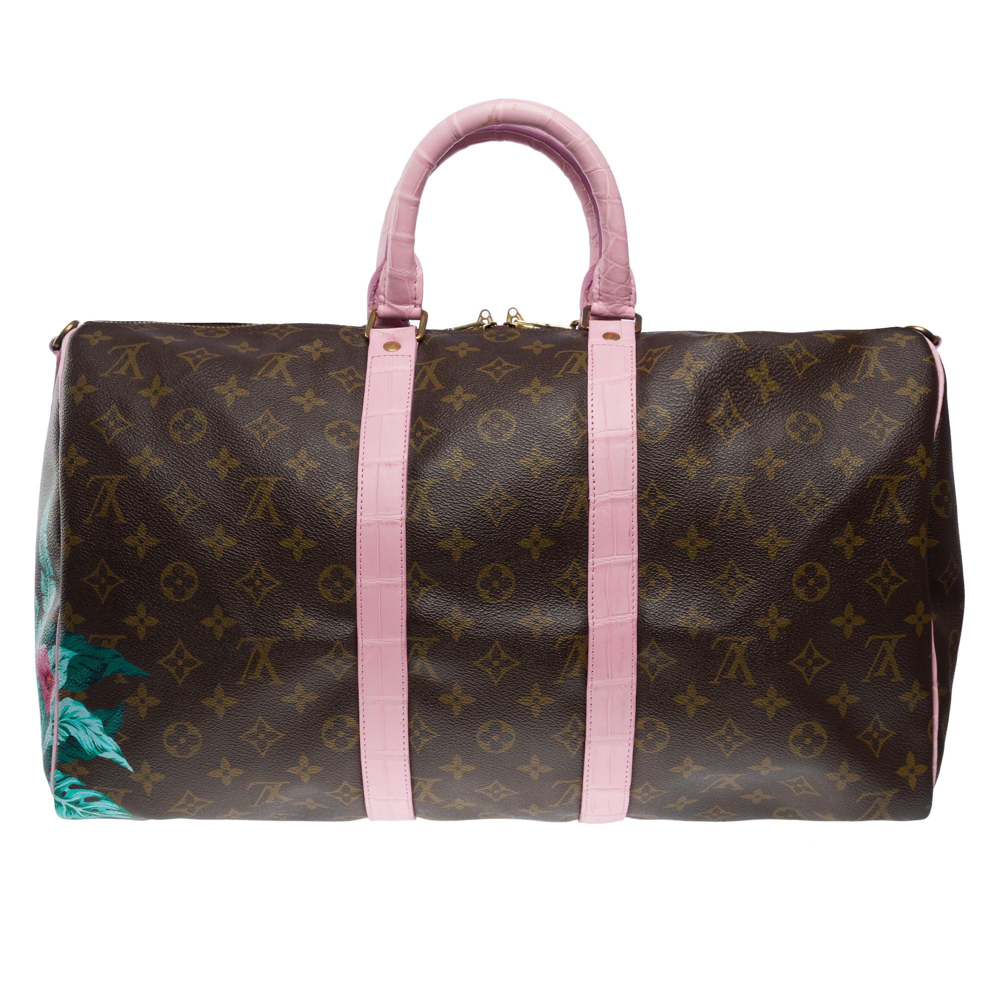 Women's or Men's Customized Louis Vuitton Keepall 45 Travel bag with Pink Crocodile leather For Sale