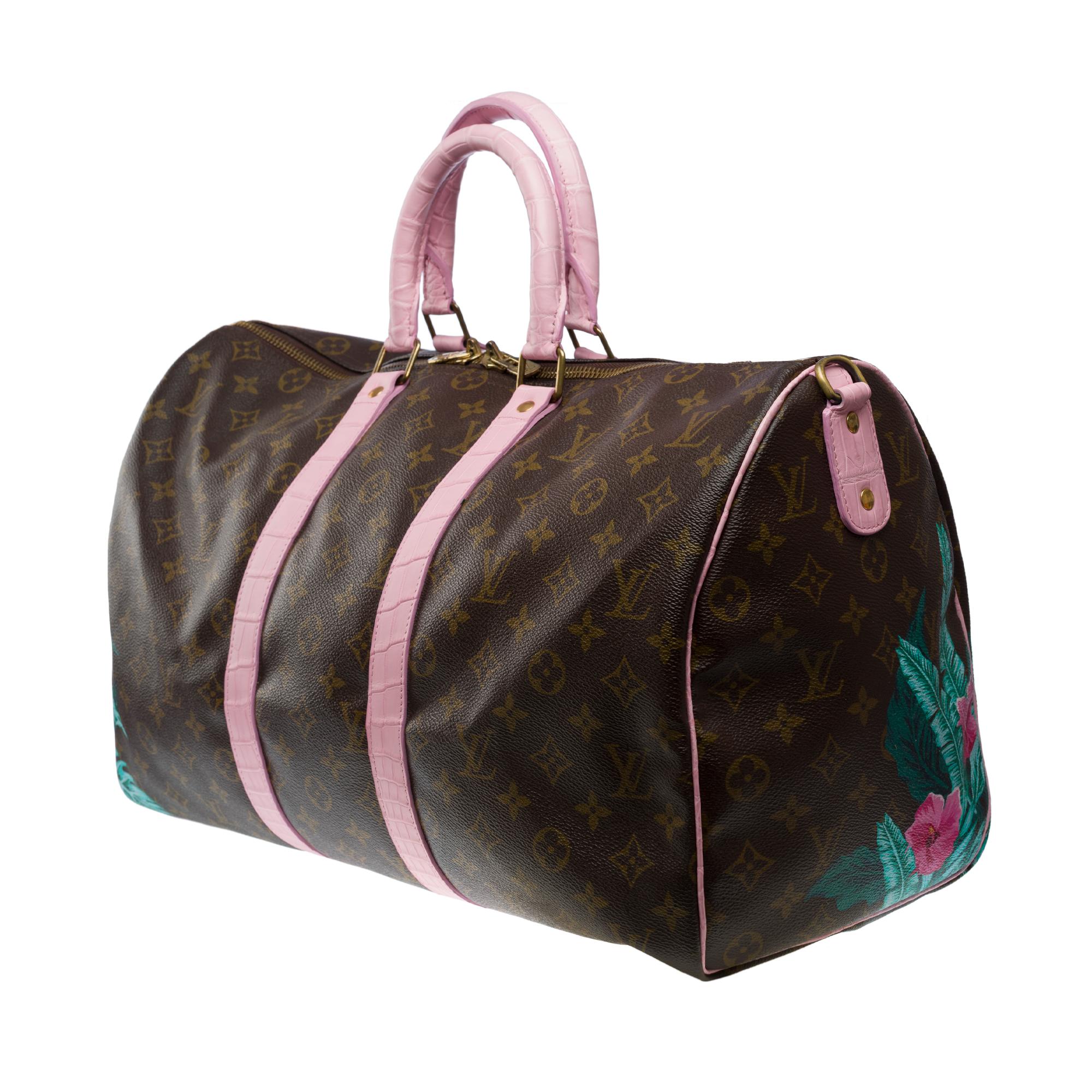 Customized Louis Vuitton Keepall 45 Travel bag with Pink Crocodile leather For Sale 1