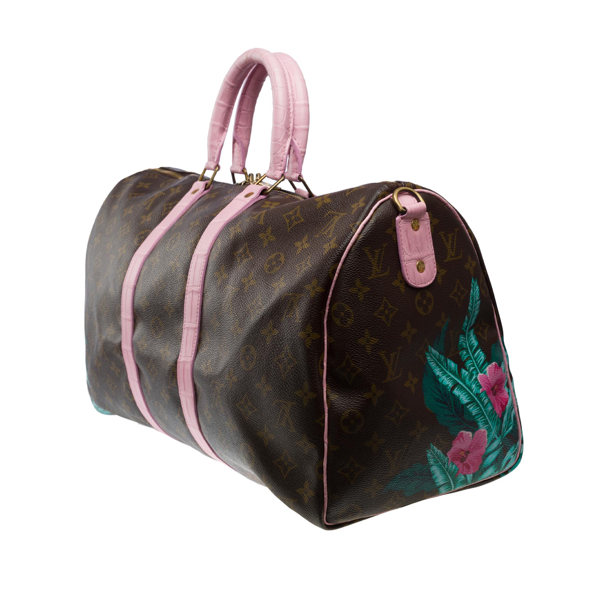 Maßgefertigte Louis Vuitton Keepall 45 Reisetasche mit rosa Krokodilleder im Angebot 2