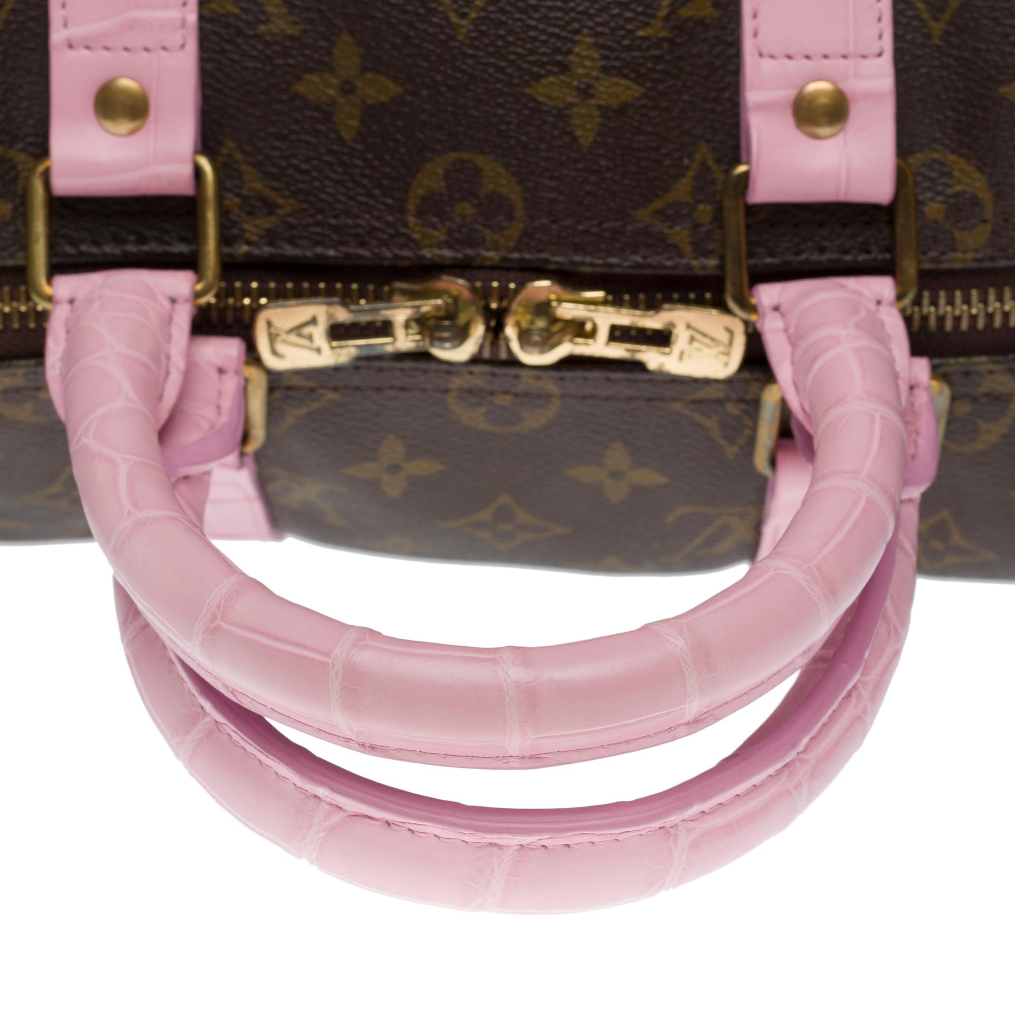Customized Louis Vuitton Keepall 45 Travel bag with Pink Crocodile leather For Sale 4