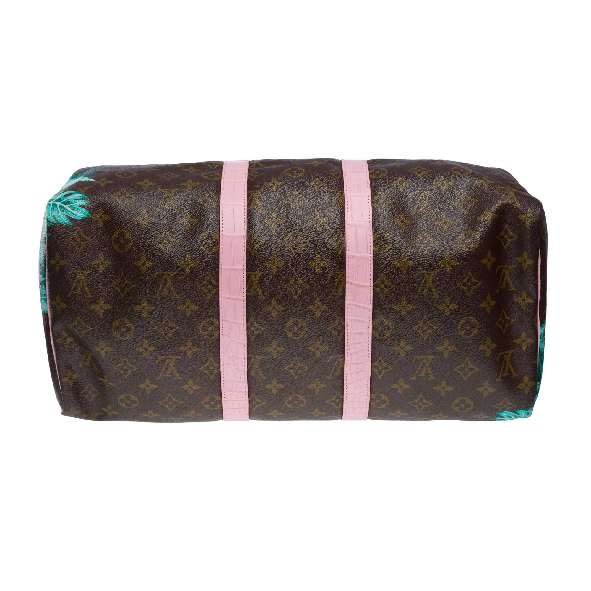 Customized Louis Vuitton Keepall 45 Travel bag with Pink Crocodile leather For Sale 5