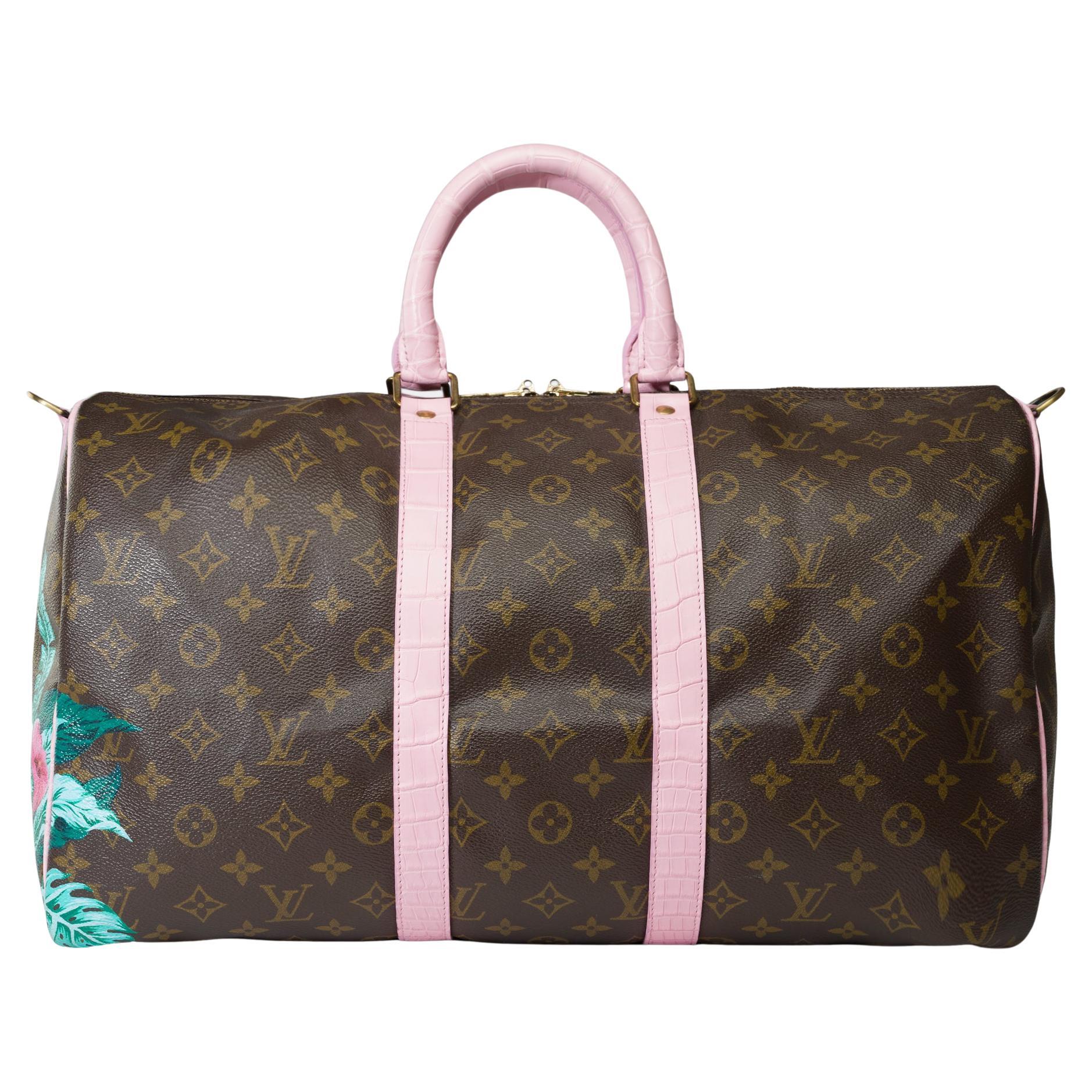 Customized Louis Vuitton Keepall 45 Travel bag with Pink Crocodile leather For Sale