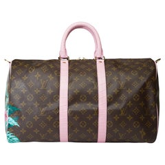 Maßgefertigte Louis Vuitton Keepall 45 Reisetasche mit rosa Krokodilleder
