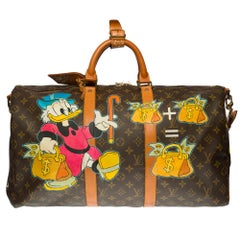Customized Louis Vuitton Keepall 50 strap Travel bag in brown canvas